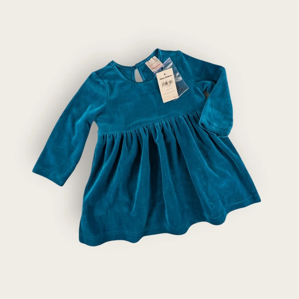 Hanna Andersson Baby Girl Teal Velour Dress Long Sleeve 70cm US 6-12 Months NWT